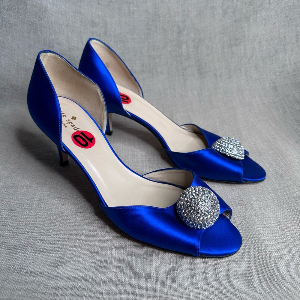 EUC Kate Spade Emison Blue Satin Peep Toe  Heels Crystal Embellishment - Picture 2 of 5